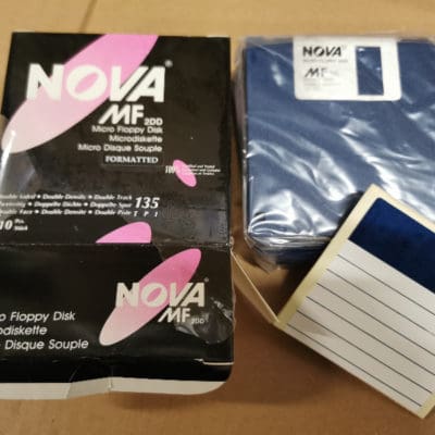 New Old Stock 3.5" DD floppies (10) in shrink wrapped box.